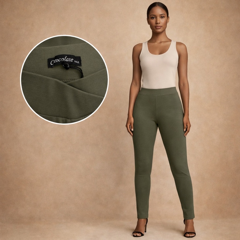Chocolate USA Olive Green Stretch Skinny Pants Minimal Chic Pull On Workwear M